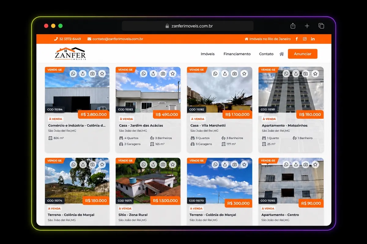 Portal imobiliário da Zanfer Imóveis com listagem de imóveis à venda em São João del-Rei
